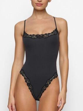 SKIMS Cami Bodysuit- never worn. Black Lace-Trim Stretch Bodysuit